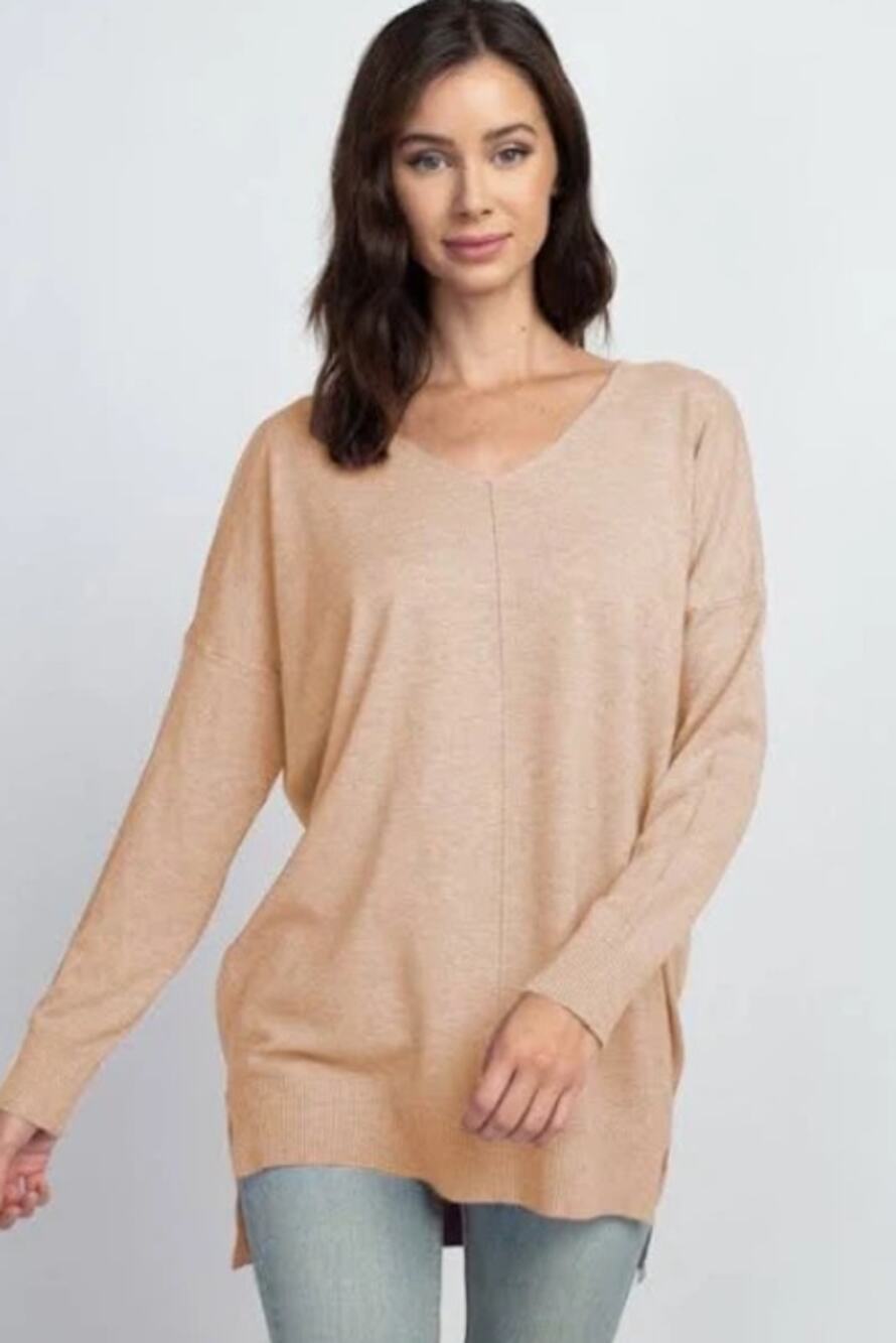 Dreamers by Debut Taupe V-Neck Tunic Sweater High Low Hem S/M Soft Knit